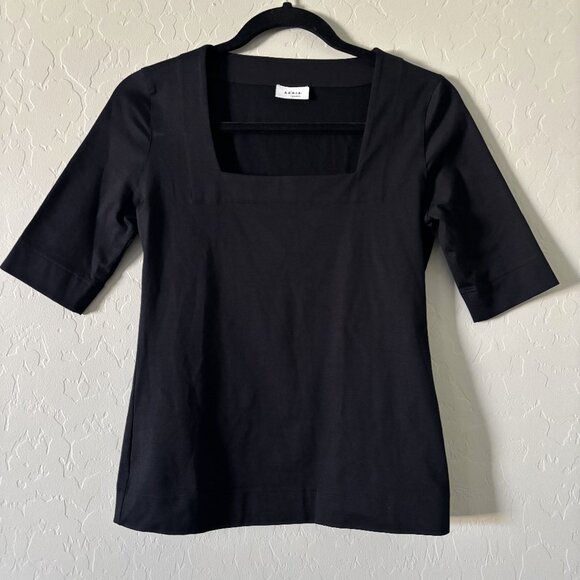 Akris Punto Square Neck Box Neck Half 1/2 Sleeve Tee Shirt Top Black Soft Cotton - Picture 1 of 6